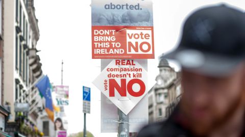 Campaign signs from the No campaign are seen on a Dublin street. 