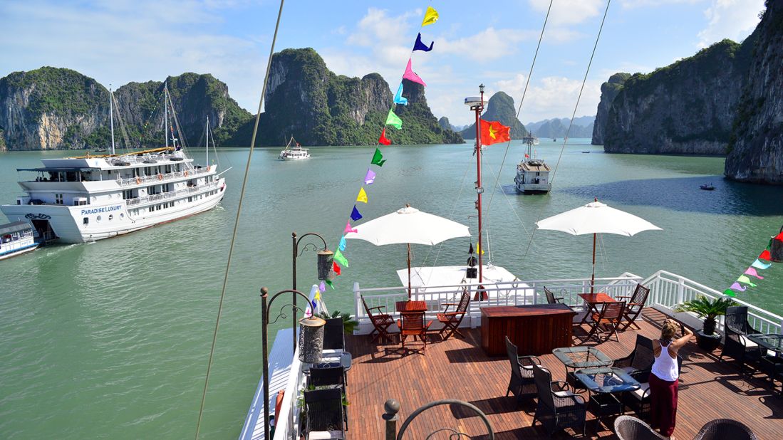 <strong>UNESCO World Heritage Site: </strong>Junks fly celebratory flags to commemorate the 20-year anniversary of Halong Bay's UNESCO World Heritage status.