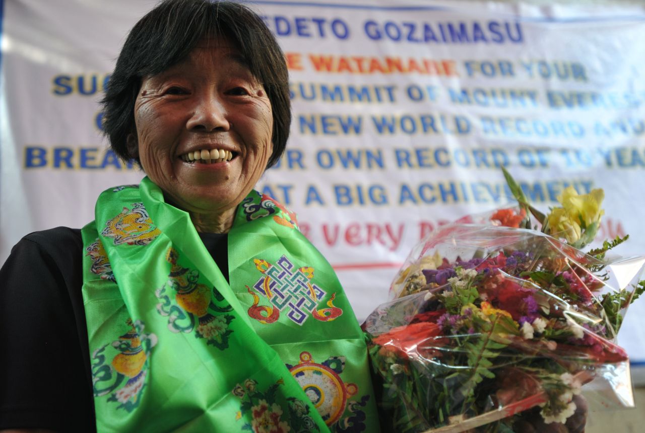 Japanese mountaineer Tamae Watanabe became the oldest woman to conquer Mount Everest at age 73 in May 2012, <a href="https://edition.cnn.com/2012/05/19/world/asia/nepal-everest-cimb/index.html"> breaking her own 10-year record</a>.