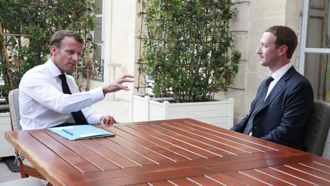 Macron meets with Facebook's Mark Zuckerberg at the Élysée Palace on May 23.