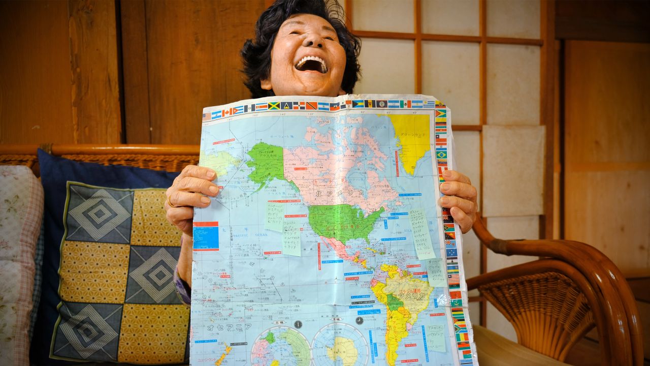 Natsuko Maenaka, 84, wants to stay mentally healthy. She likes to find new countries on the map and remember where they are. 