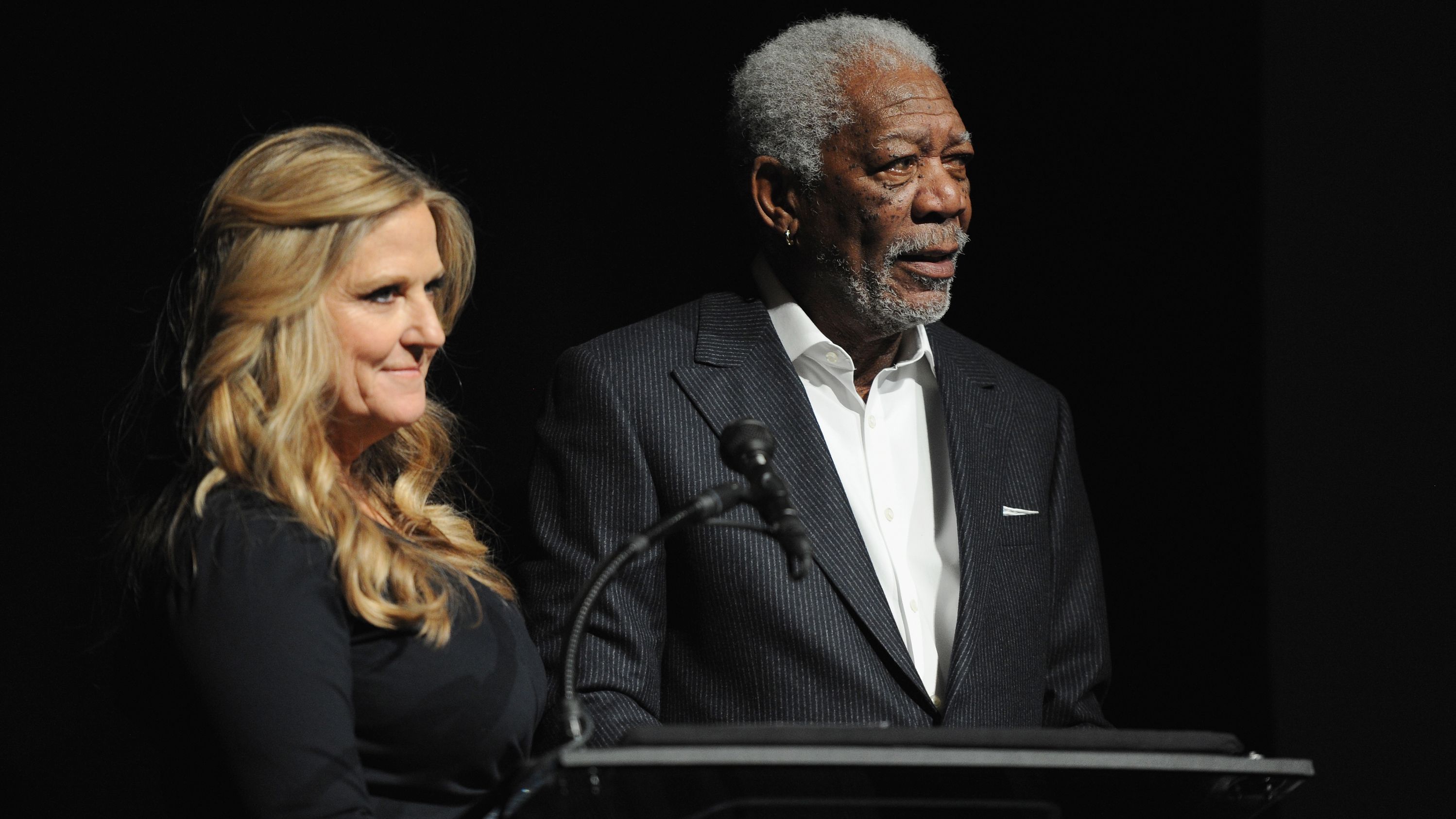 Morgan Freeman and Lori McCreary, his business partner, speak at an event in New York City in 2016. 