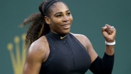INDIAN WELLS, CA - MARCH 10:  Serena Williams celebrates her victory over Kiki Bertens of the Netherlands during the BNP Paribas Open on March 10, 2018 at the Indian Wells Tennis Garden in Indian Wells, California.  (Photo by Jeff Gross/Getty Images)