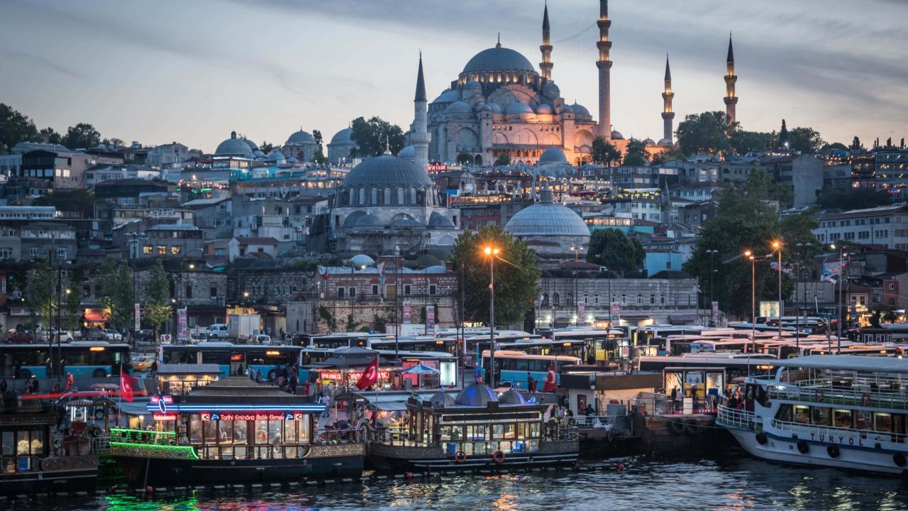 <strong>Istanbul: </strong>The Süleymaniye Mosque, completed in 1558, rises over the Golden Horn estuary, which is bustling with boats on an evening in May. <br />