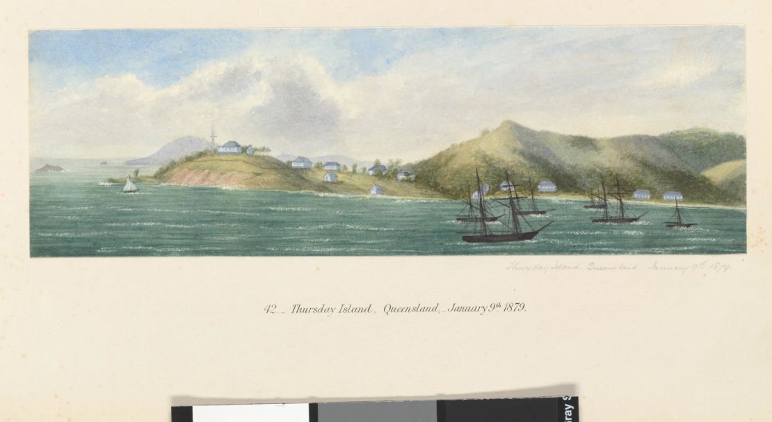 A sketch of Thursday Island, in the Torres Strait, by Thomas George Glover in 1879.