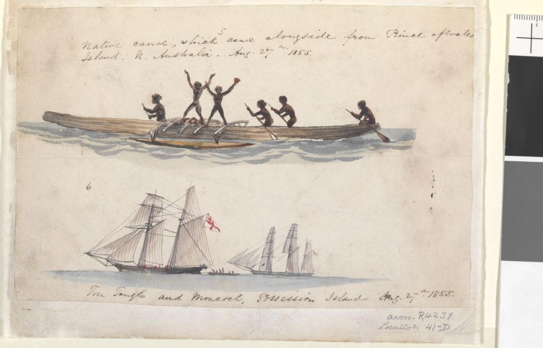 A sketch of a canoe at Prince of Wales Island, in the Torres Strait, drawn by Thomas Baines in 1855.