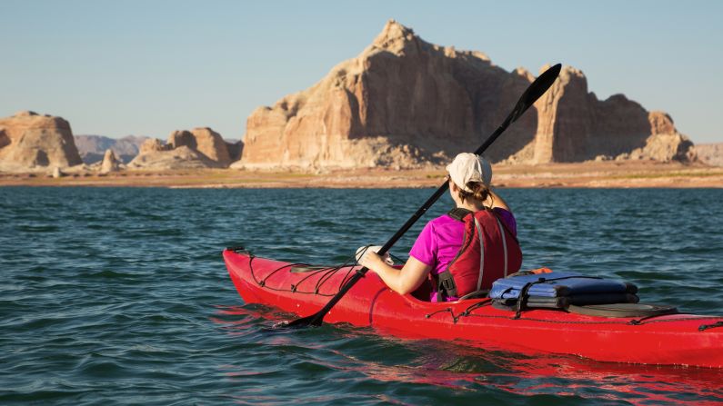<strong>June at Lake Powell, Arizona and Utah: </strong>Kayaking on Lake Powell is just one of many water-based activities you can enjoy here. June temperatures are usually optimal for outdoor fun.