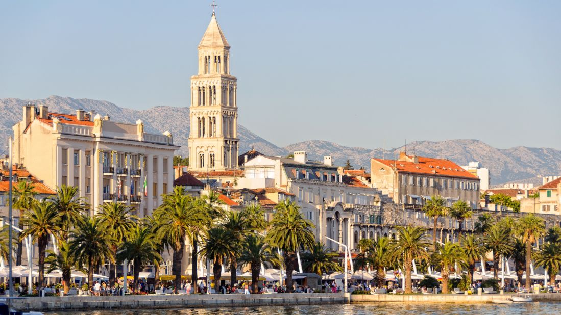 <strong>June in Split, Croatia: </strong>The Saint Domnius Bell Tower can be seen from Matejuska Bay. Split offers many of the same pleasures as Dubrovnik but with lighter crowds.