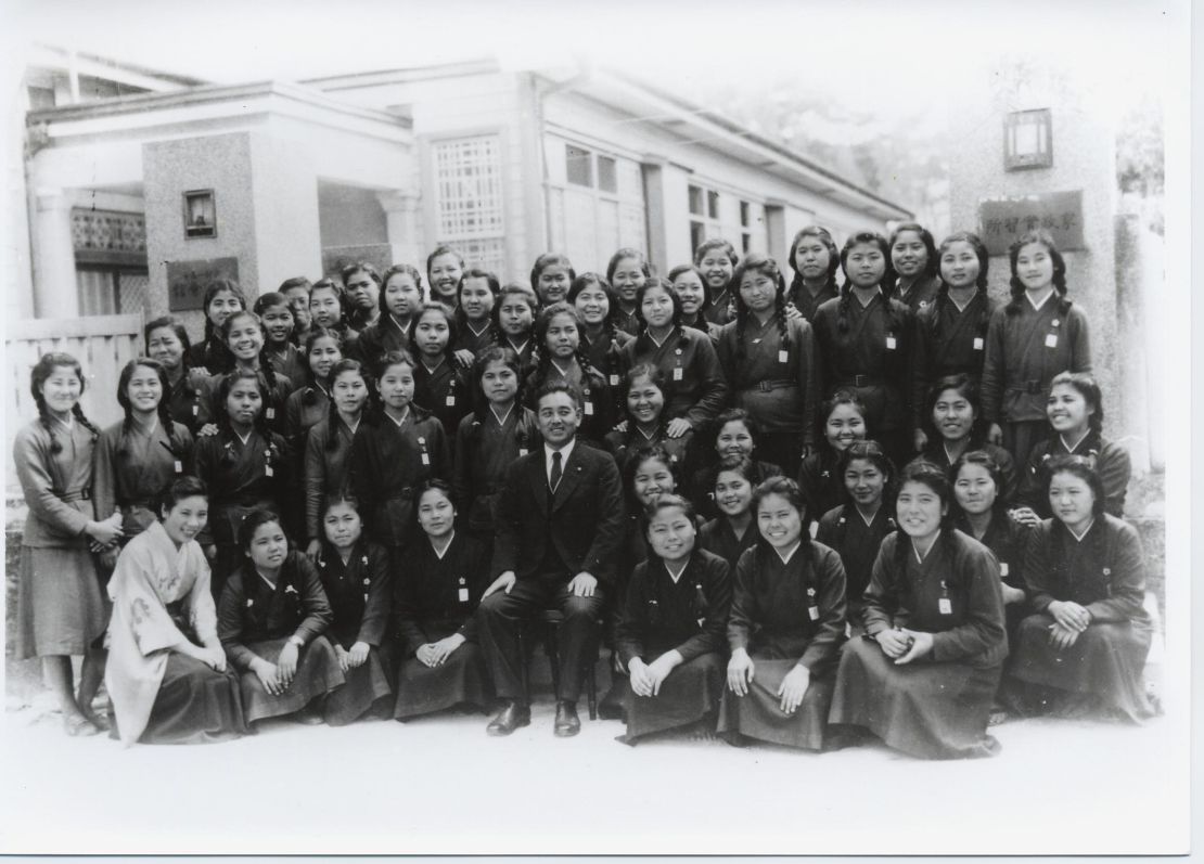 Students from the Okinawa Female Normal School with their principal Sadao Noda. 