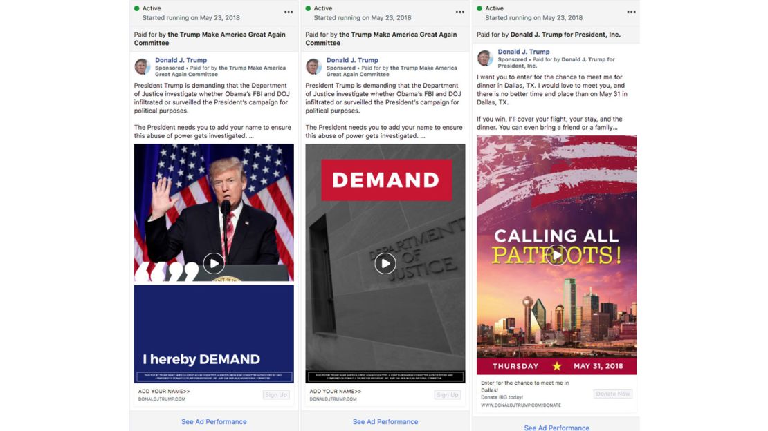 Ads run from the Donald J. Trump Facebook page as seen in the new Facebook political ad tracker