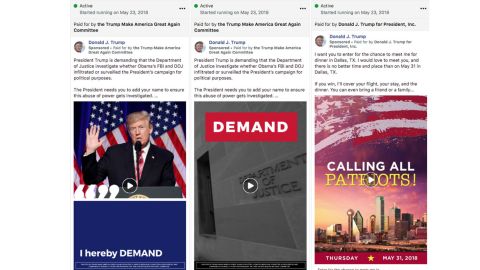 Ads run from the Donald J. Trump Facebook page as seen in the new Facebook political ad tracker