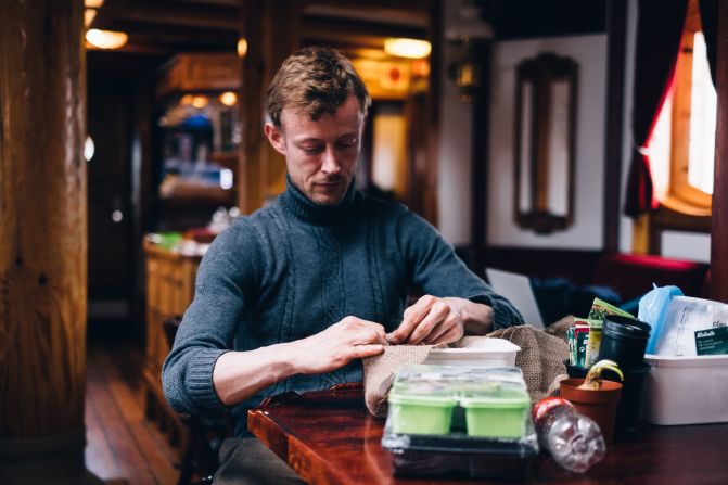 The Linden's chef, Dennis Lyngs?, uses recycled materials to create a base for on board gardens.