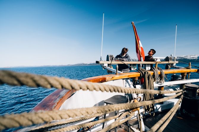 Johannes Elslo and Tobias Soerensen tend to the ship's timber. After some mistreatment through various owners, a lot of maintenance work was done during the voyage.