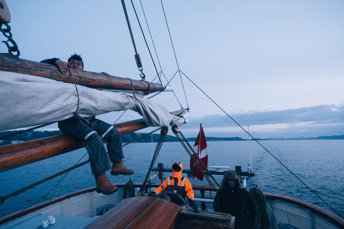 Tobias Soerensen and Johannes Elslo and the Linden's first mate keep watch on night shift.