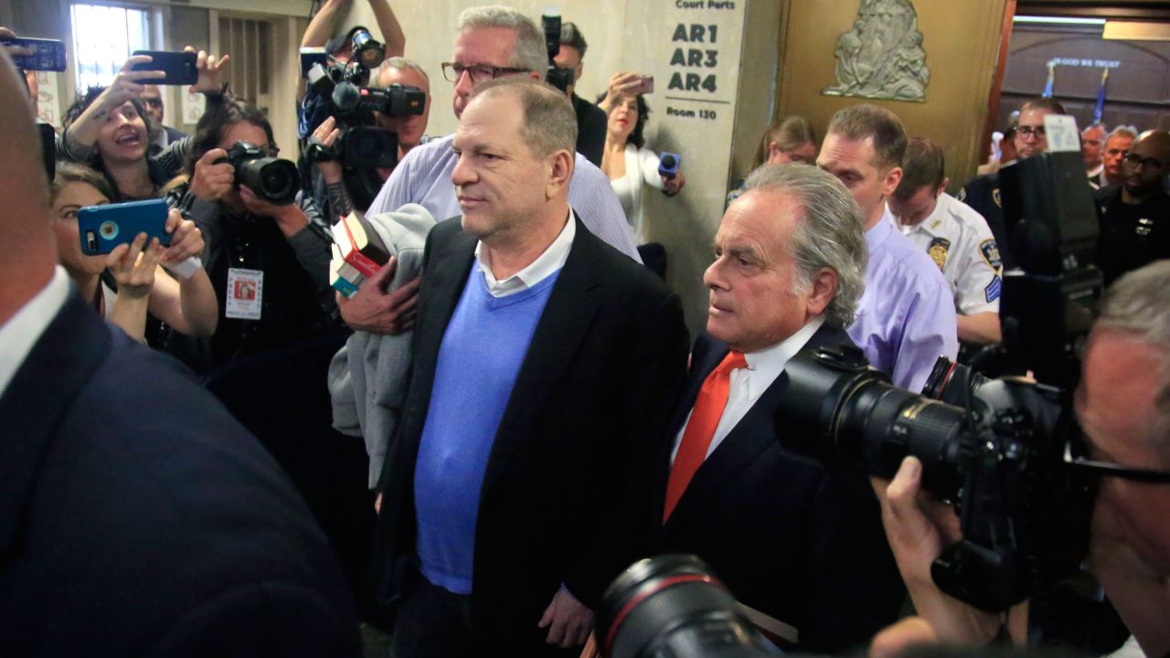 Harvey Weinstein, center, leaves with his lawyer Benjamin Brafman, right, after posting bail at Manhattan's Criminal Court, Friday, May 25, 2018, in New York. Weinstein was arraigned Friday on rape and other charges in the first criminal prosecution to result from the wave of allegations against him that sparked a national reckoning over sexual misconduct.   (AP Photo/Bebeto Matthews)