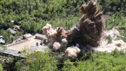 PUNGGYE-RI, NORTH KOREA - MAY 24: (SOUTH KOREA OUT) In this handout image provided by the News1-Dong-A Ilbo, the Punggye-ri nuclear test site is demolished on May 24, 2018 in Punggye-ri, North Korea. North Korea dismantled their nuclear testing facility at Punggye-ri in front of the international media. (Photo by News1-Dong-A Ilbo via Getty Images)