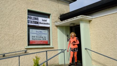A voter leaves a polling station at the Two Mile School near Killarney, Ireland on Friday morning.