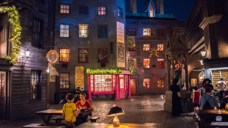 <strong>The Wizarding World of Harry Potter. </strong>For some fans, nighttime at Diagon Alley (shown here) and Hogsmeade is even more magical than daytime.