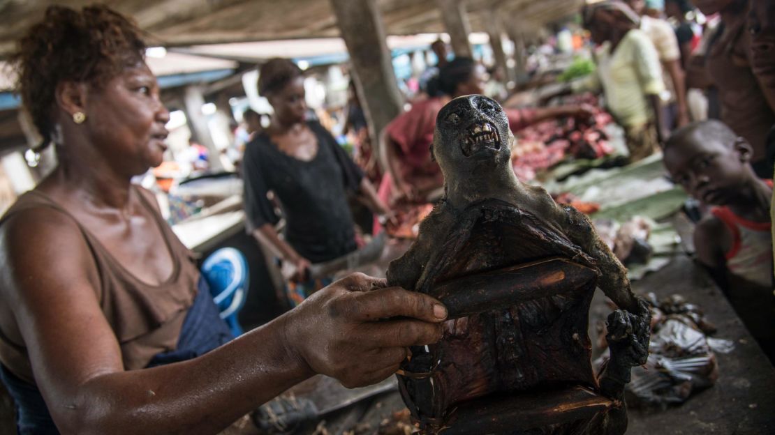 A monkey's head is on display with other cuts of bush meat at a market in Mbandaka.