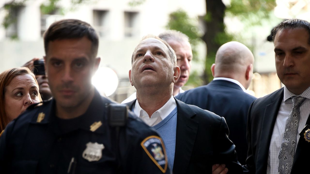 Harvey Weinstein arrives for arraignment at Manhattan Criminal Courthouse in handcuffs.