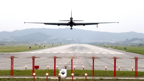 A US Air Force U-2 spy plane prepares to land as South Korea and the United States conduct the Max Thunder joint military exercise on Wednesday, May 16, 2018.