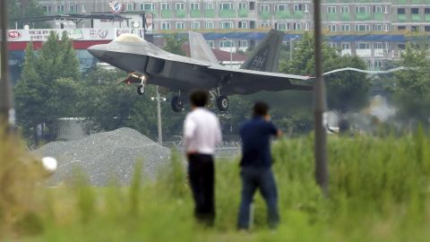 A US F-22 Raptor stealth fighter jet lands as South Korea and the United States conduct the Max Thunder joint military exercise at an air base in Gwangju, South Korea.