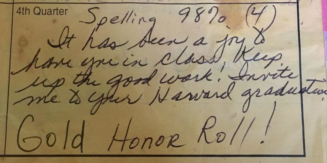 Mrs. Toensing wrote a note on this 12-year-old's report card back in 1997. 