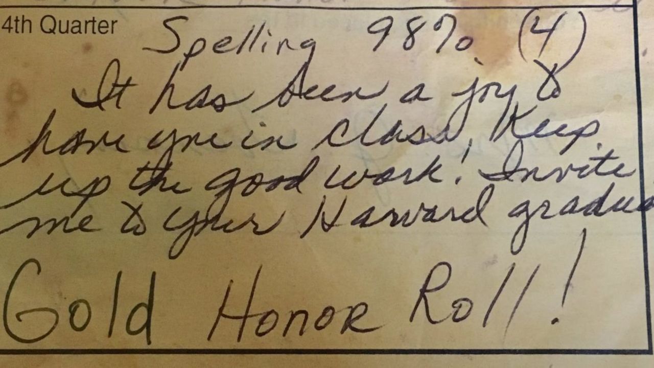 Mrs. Toensing wrote a note on this 12-year-old's report card back in 1997. 