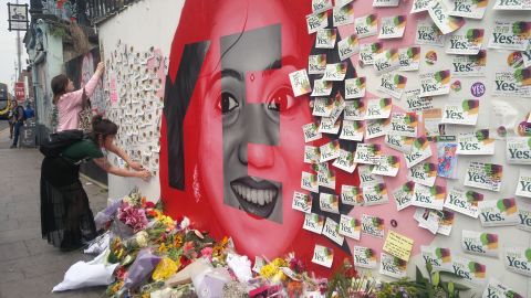 Repeal supporters leave notes at a mural of Savita Halappanavar, whose death sparked the campaign.