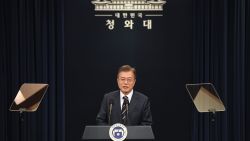 South Korea's President Moon Jae-in speaks during a press conference at the presidential Blue House in Seoul on May 27, 2018. - North Korea's leader Kim Jong Un believes a summit with US President Donald Trump will be a landmark opportunity to end decades of confrontation, South Korea's President Moon Jae-in said on May 27, following his surprise meeting with Kim. (Photo by Jung Yeon-je / AFP)        (Photo credit should read JUNG YEON-JE/AFP/Getty Images)