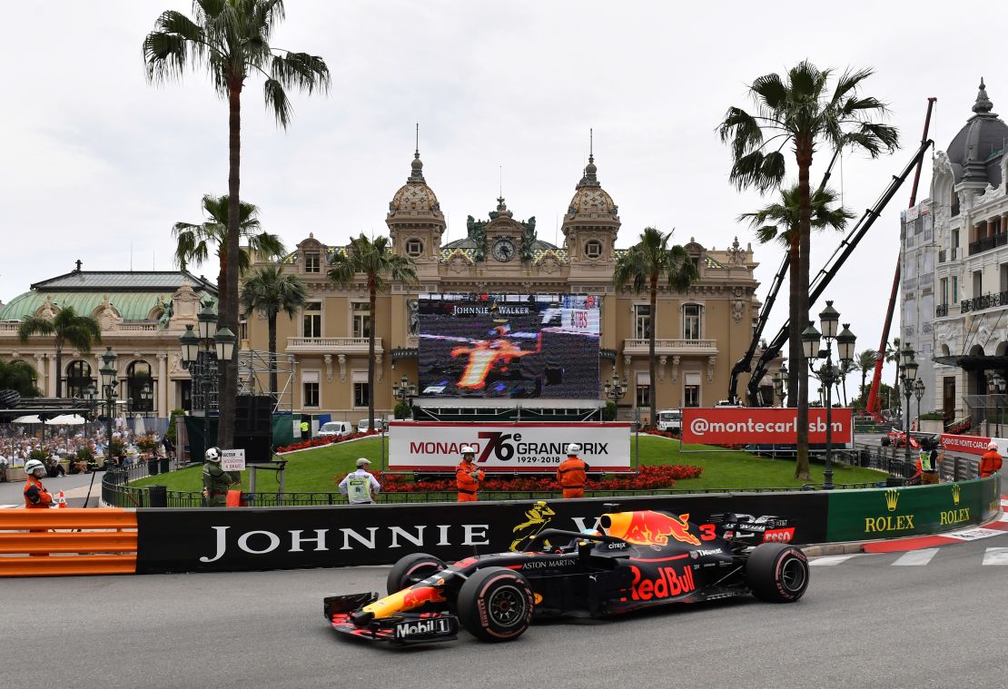 Race winner Ricciardo drives past the famous Casino in Monte Carlo on his way to his superb victory.