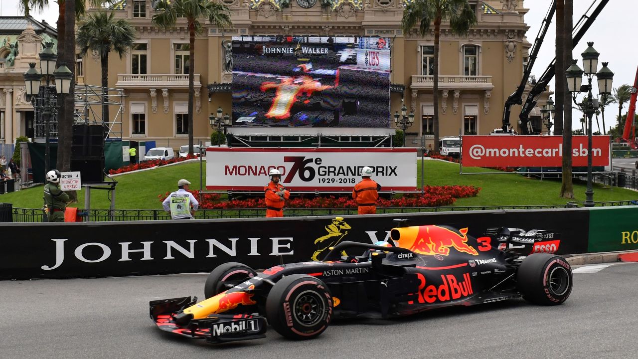 Race winner Ricciardo drives past the famous Casino in Monte Carlo on his way to his superb victory.
