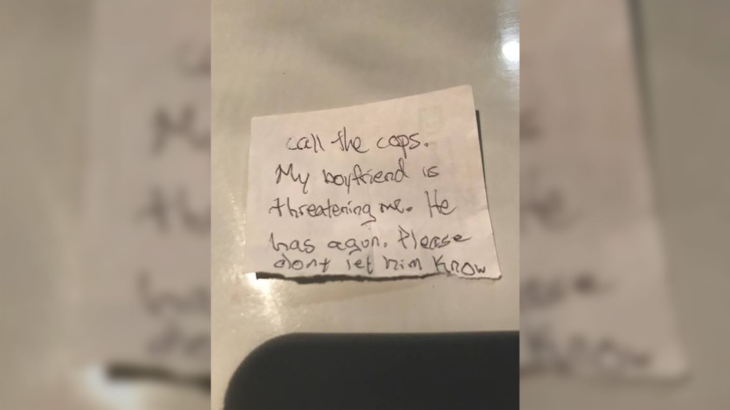 A woman in Florida is safe after slipping this note to staff at an animal hospital.