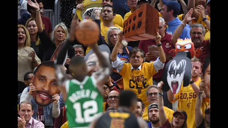 Cleveland Cavaliers fans jeer Boston Celtics guard Terry Rozier as he shoots a free throw in game four of the Eastern Conference finals of the 2018 NBA Playoffs on Monday, May 21.