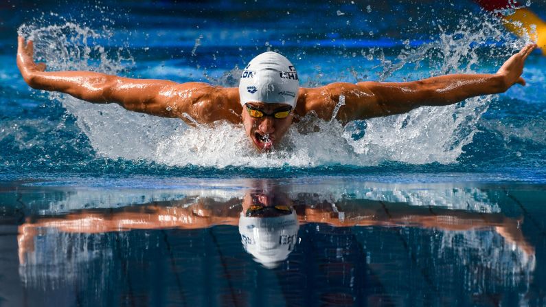 Jaouad Syoud of Tunisia competes in the 400-meter medley during the French swimming championship in Saint Raphael, France, on Friday, May 25.