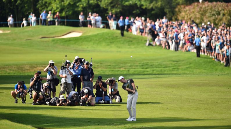 Northern Ireland's Rory McIlroy chips onto the 18th green at the PGA Championship at Wentworth Golf Club in Surrey, south west of London, on Saturday, May 26. 