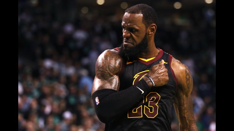 LeBron James of the Cleveland Cavaliers reacts during Game 7 of the NBA Eastern Conference Finals against the Boston Celtics in Boston, Massachusetts, on Sunday, May 27.