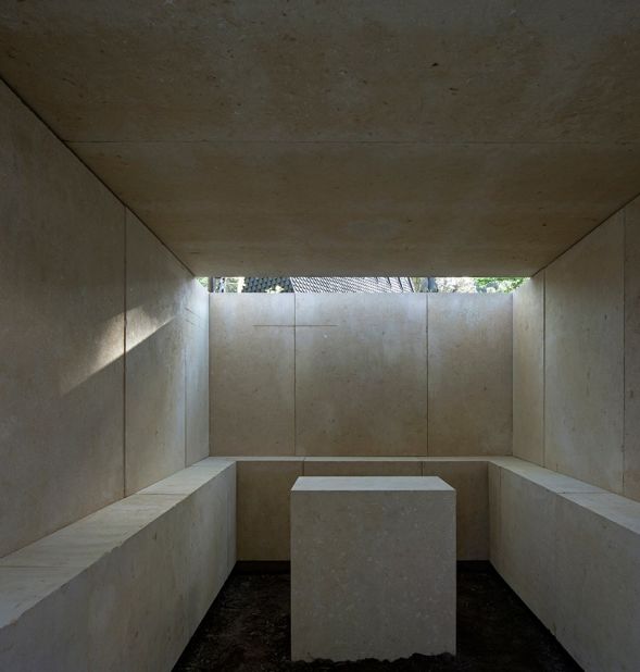 Eduardo Souto de Moura's minimalist chapel, which won him the Golden Lion for for best participant, "is not a chapel, not a sanctuary and in any case not a tomb," per the architect's statement. "It is simply a place enclosed by four stone walls, while another stone at the center might be the altar."