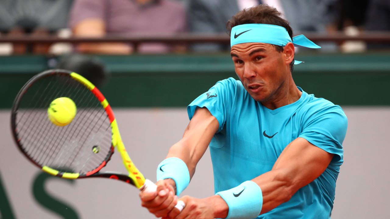 PARIS, FRANCE - MAY 28: Rafael Nadal of Spain plays a backhand during his mens singles first round match against Simone Bolelli of Italy during day two of the 2018 French Open at Roland Garros on May 28, 2018 in Paris, France. (Photo by Clive Brunskill/Getty Images)