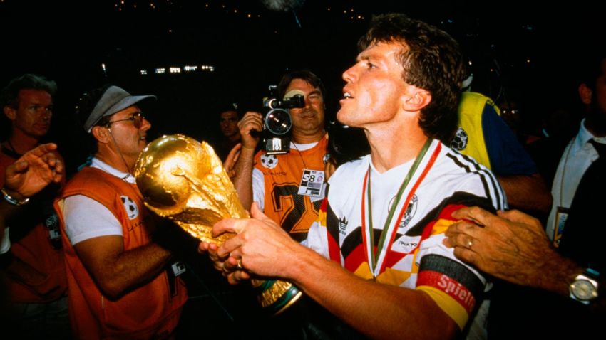 1990 FIFA World Cup, Final Germany vs Argentina (1-0). Lothar Matthaus (Germany) holding the trophy.  (Photo by Jean-Yves Ruszniewski/TempSport/Corbis/VCG via Getty Images)