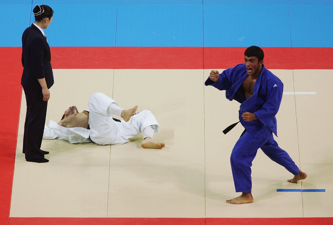 Iliadis celebrates making the half-middleweight (-81kg) judo final of the Athens 2004 Olympics.