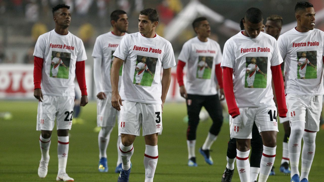 Peru players wore t-shirts proclaiming their support for Guerrero ahead of a friendly match against Scotland on May 29 in Lima.
