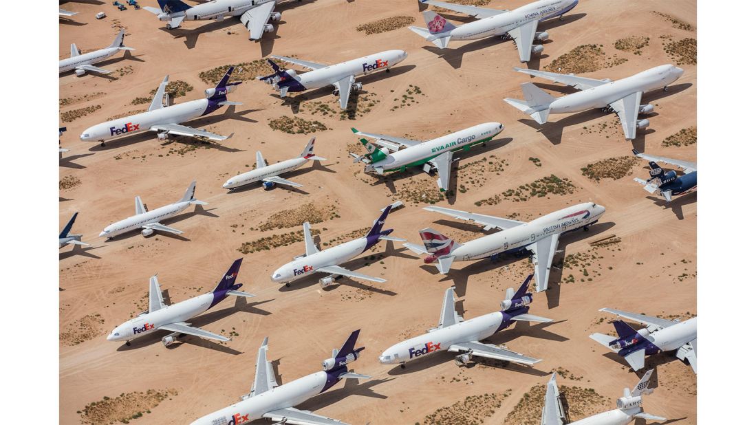 <strong>Symmetrical images:</strong> One of the arresting elements of Kelley's photographs is the symmetry. <em>Pictured here: The boneyard at Southern California Logistics Airport (VCV)</em>