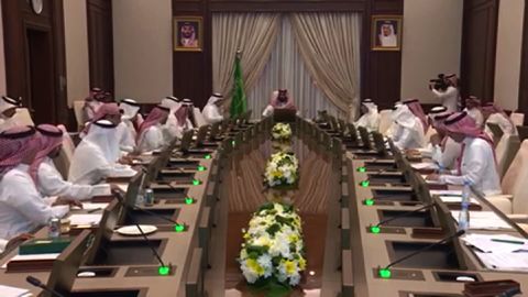 Saudi authorities said this footage depicted a cabinet meeting led by the crown prince on Tuesday. 