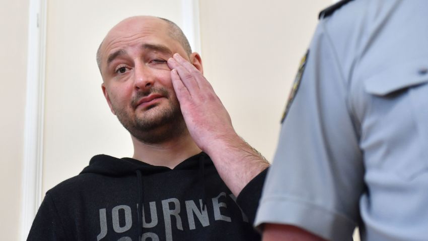 Russian anti-Kremlin journalist Arkady Babchenko reacts during a press conference at Ukrainian Security Service in Kiev on May 30, 2018. - Ukraine admitted it had staged the murder of anti-Kremlin journalist Arkady Babchenko in order to foil an attempt on his life by Russia, a stunning development in a case that had attracted global headlines. (Photo by Sergei SUPINSKY / AFP)        (Photo credit should read SERGEI SUPINSKY/AFP/Getty Images)