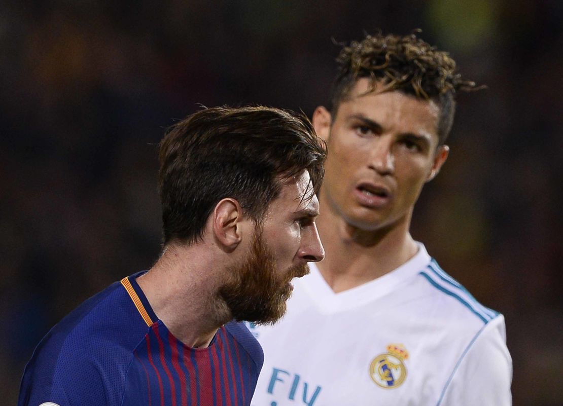 Ronaldo looks at Messi during El Clasico on May 6, 2018.