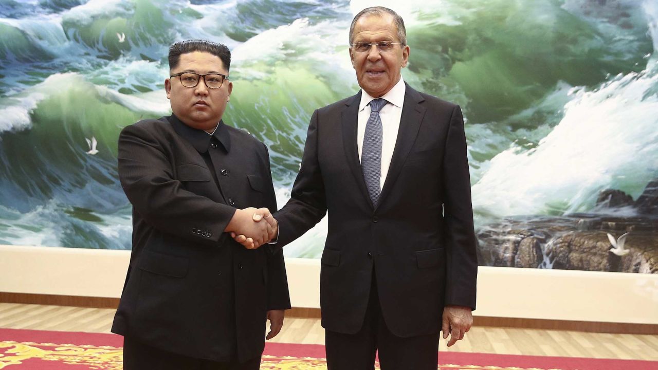 Korean leader Kim Jong Un and Russia's Foreign Minister Sergei Lavrov pose during a meeting in Pyongyang, Thursday, May 31, 2018.