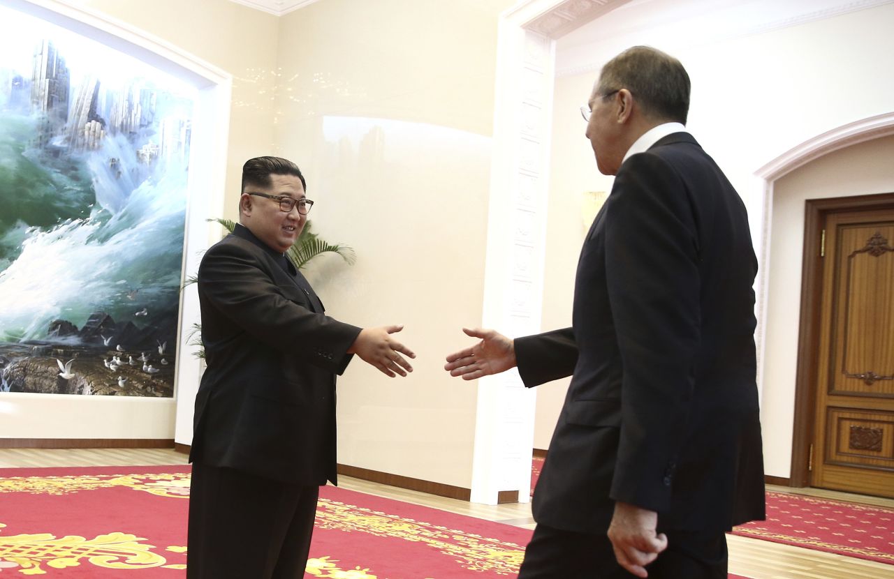 Kim greets Russian Foreign Minister Sergey Lavrov during their meeting on Thursday, May 31.