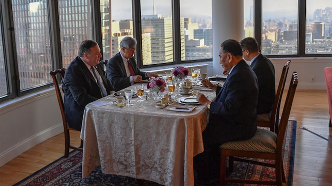 A photo posted to Pompeo's official Twitter account showed the North Koreans dining on a meal of "steak, corn and cheese."