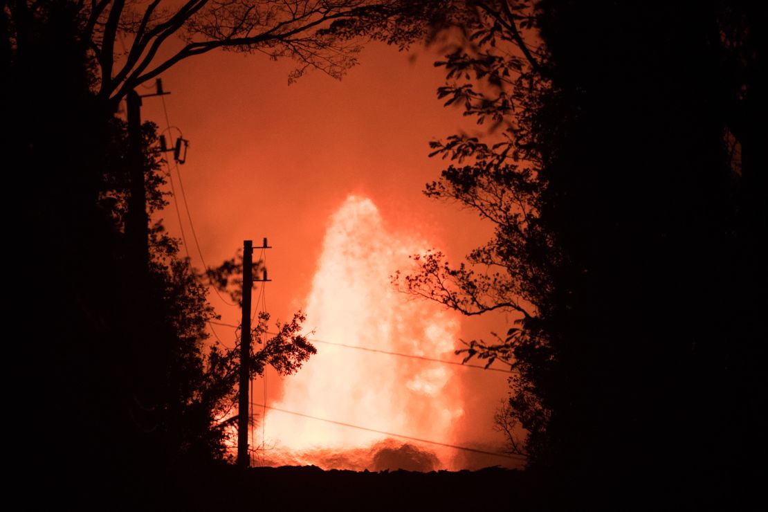 A 200-foot geyser of molten lava erupts in Pahoa, Hawaii, on May 29.